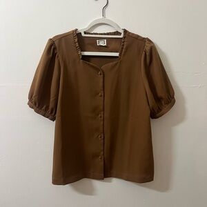Brown Puff Sleeve Button-Up Top
